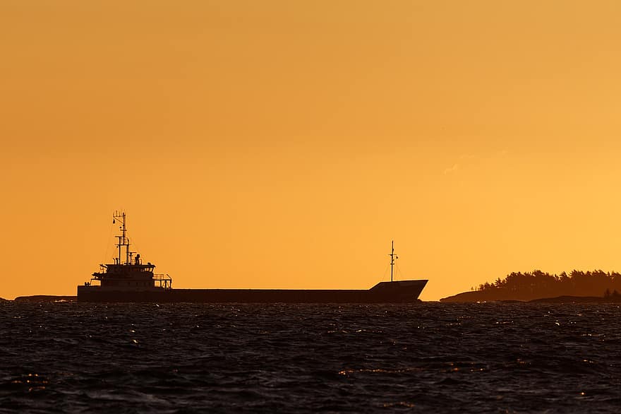 Ship, Sunset, Water, Shipping, The Baltic Sea, Sea, Cargo Ship, Silhouette, Orange Sky, Ocean, Shipping Vessel