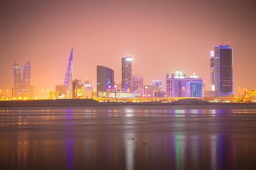ville, nuit, bahreïn, l'horizon, soir, Manama, paysage, paysage urbain, Urbain, veilleuse, paysage nocturne