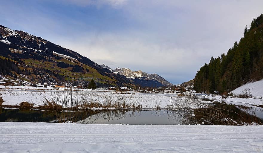 vairavimas, Šveicarija, kalnai, Alpės, žiemą, sniegas, žiemos peizažas, ežeras, Lenkersee, adelbodenas, pobūdį