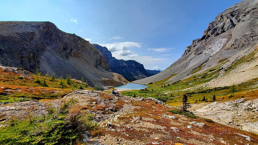 hegyek, tó, természet, banff nemzeti park, sziklák, nyári, Látvány, túrázás, Alberta, hegy, hegycsúcs