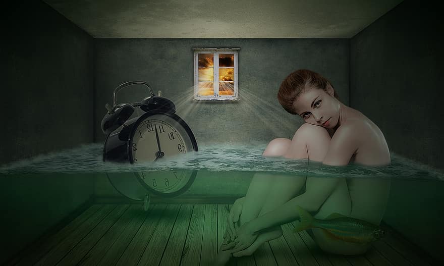 femme, pièce, l'horloge, femelle, fille, la personne, eau, une baignoire, temps, surréaliste, poisson