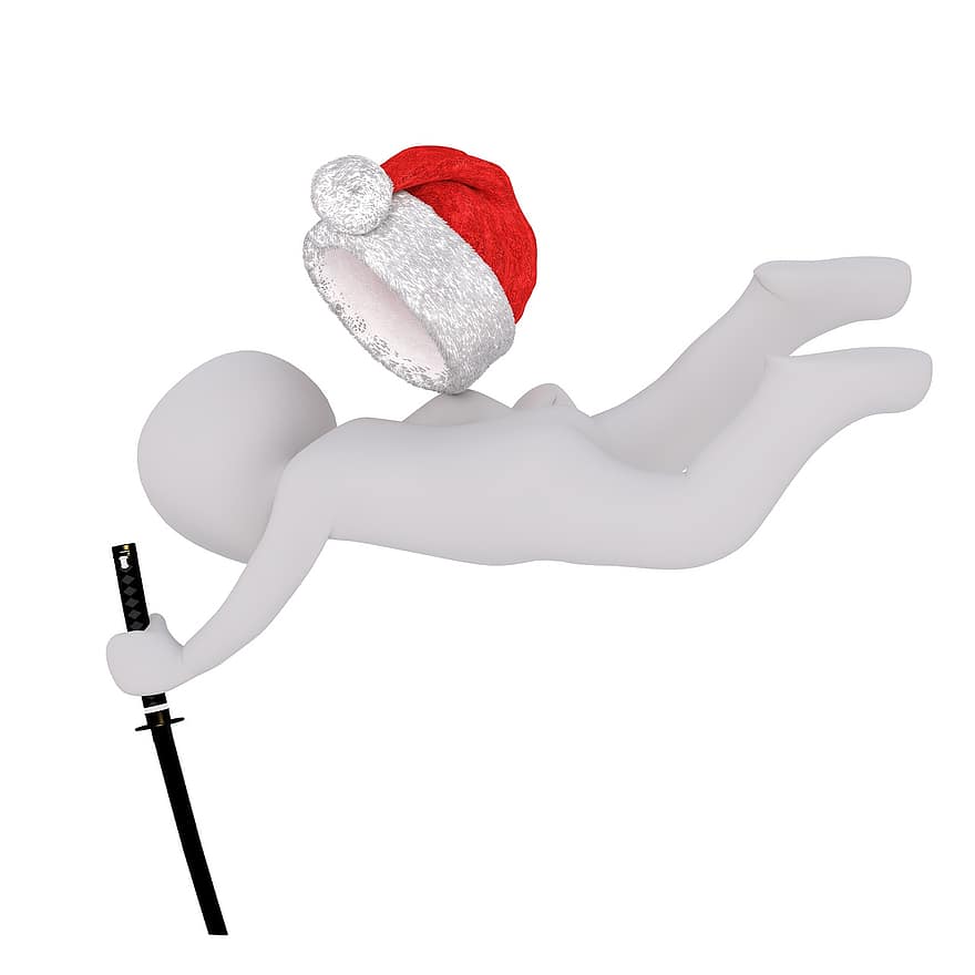 hombre blanco, modelo 3d, aislado, 3d, modelo, cuerpo completo, blanco, sombrero de Santa, Navidad, Sombrero de santa 3d, espada