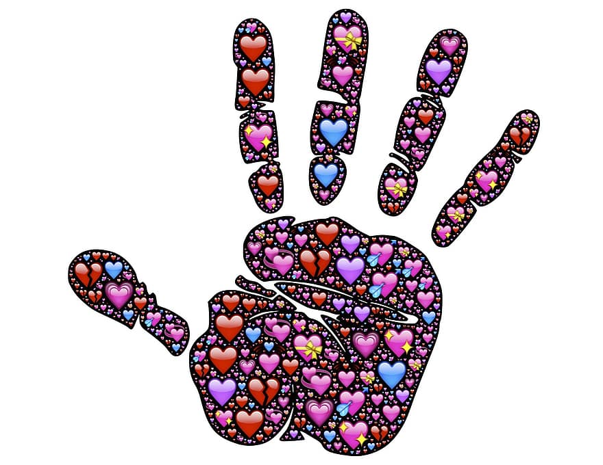 hånd, handprint, palm, hjerter, kjærlighet, emoji, ikoner, besettelse, sinn