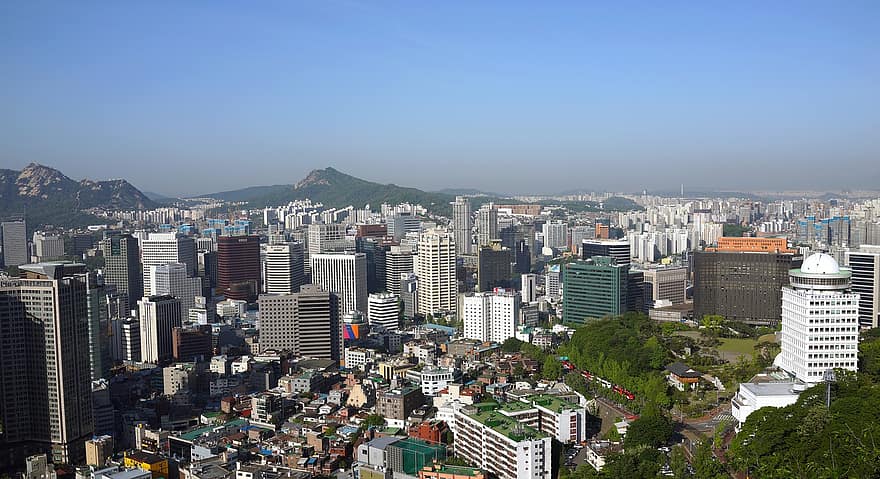 Seula, pilsēta, pilsētas, ainavu, Korejas republika, pilsētas ainava, debesskrāpis, pilsētas panorāma, slavenā vieta, ēkas ārpuse, gaisa skats