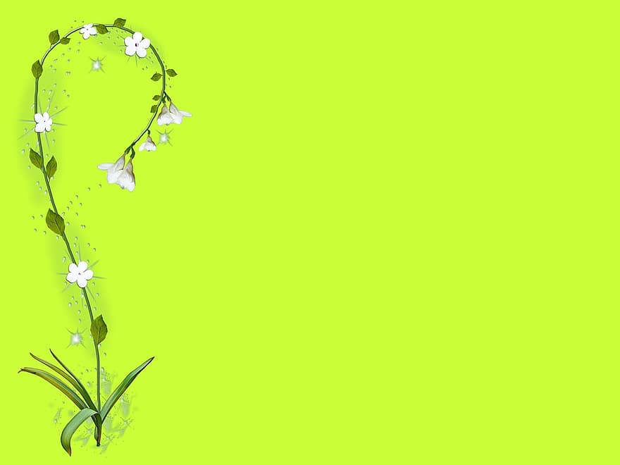 Plants, Floral, Patterns, Prints, White, Flowers, Green Background, Light Green, Green, Leaves, Stems