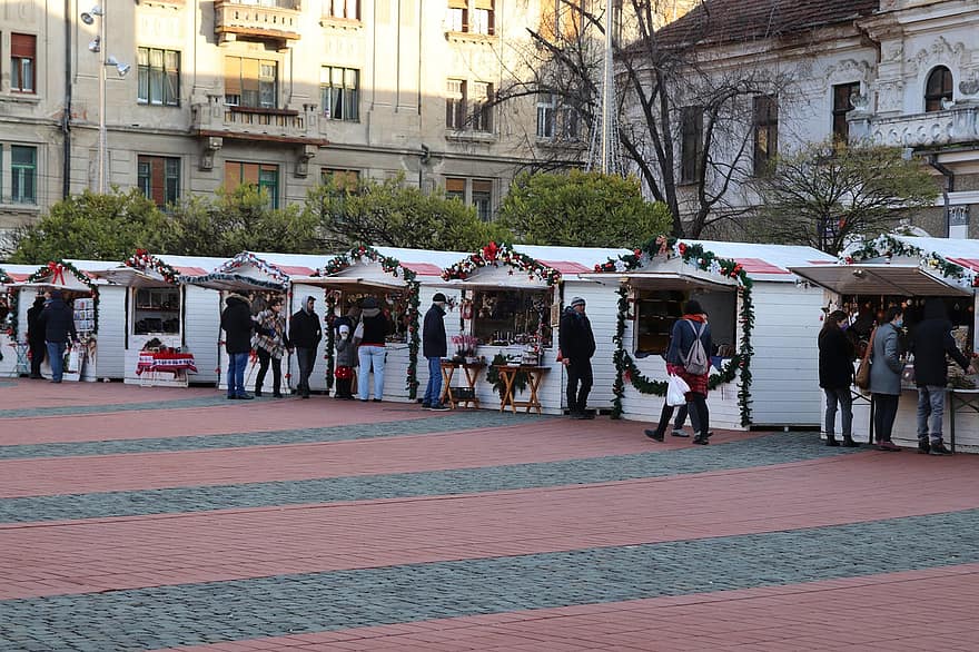 Natal, mercado de natal, mercado, decoração, Praça pública, pessoas, timisoara, feriado