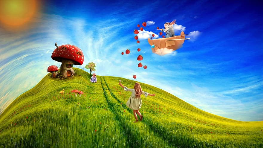 barn, fantasi, drøm, baby, barndom, eng, sopp, hus, jordbær, gress, landskap