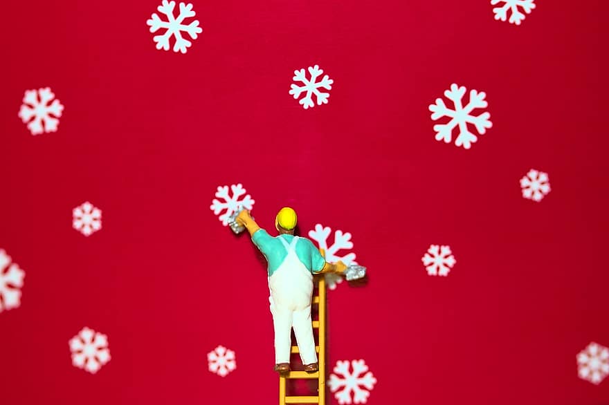Weihnachten, Schneeflocken, Miniaturfigur, Arbeitskräfte, Leiter, Mann, Advent, Weihnachtsdekoration, Schnee, Winter, Figur im Maßstab H0