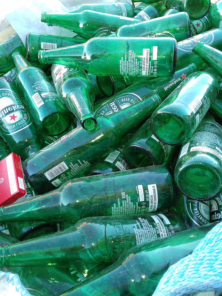 buteliai, perdirbti, gėrimas, Heneiken, butelis, perdirbimas, Iš arti, žalia spalva, šiukšlių, plastmasinis, gerti