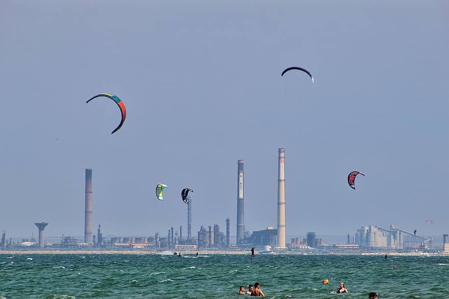 kitesurfing, strand, hav, ocean