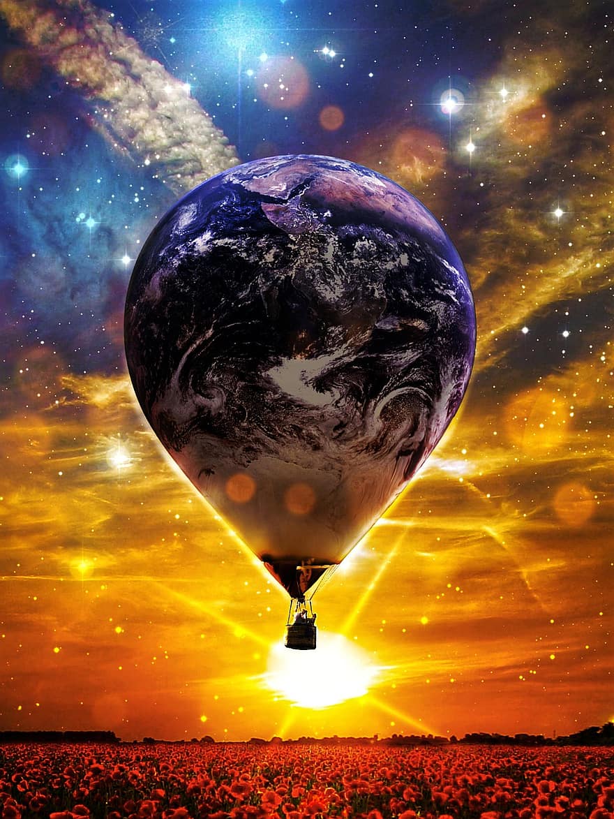 varmluftballon, jorden, univers, stjerner, sol, eng