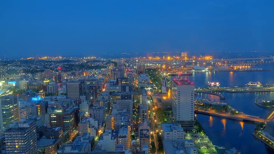 các tòa nhà, Hải cảng, thành phố, ngành kiến ​​trúc, cảnh quan thành phố, thành thị, hiện đại, đêm, đèn, Nhật Bản, hoàng hôn