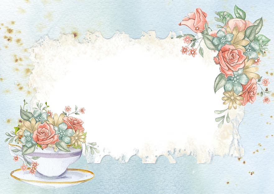 πλαίσιο, Ιστορικό, ρομαντικός, κάρτα, τσάι, φλιτζάνι, άνθινος, τριαντάφυλλα, ροζ, μπλε, γλυκός