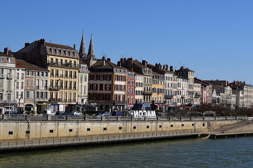 River, City, Mâcon, France, Saone, Dock, Buildings, Urban