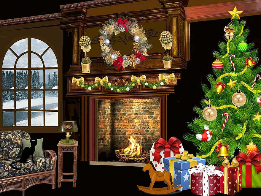 giáng sinh, mùa đông, cây thông, vòng hoa, tuyết, các cửa sổ, mèo đen, lạnh, lễ hội, trang trí giáng sinh, cây giáng sinh
