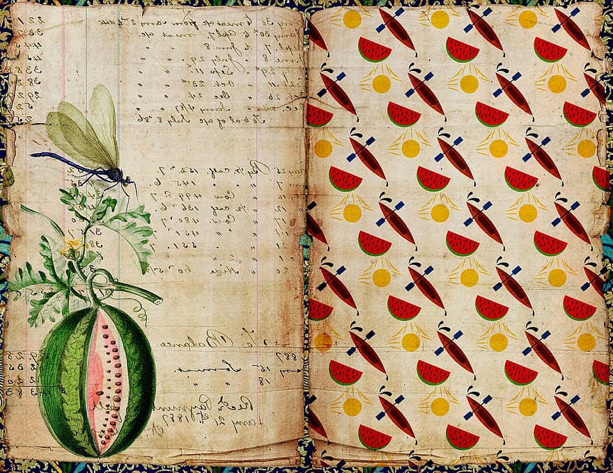 Watermelon, Summer, Junk Journal, Background, Fruit, Dragonfly, Scrapbooking, Vintage, Journal, Paper, Decoupage