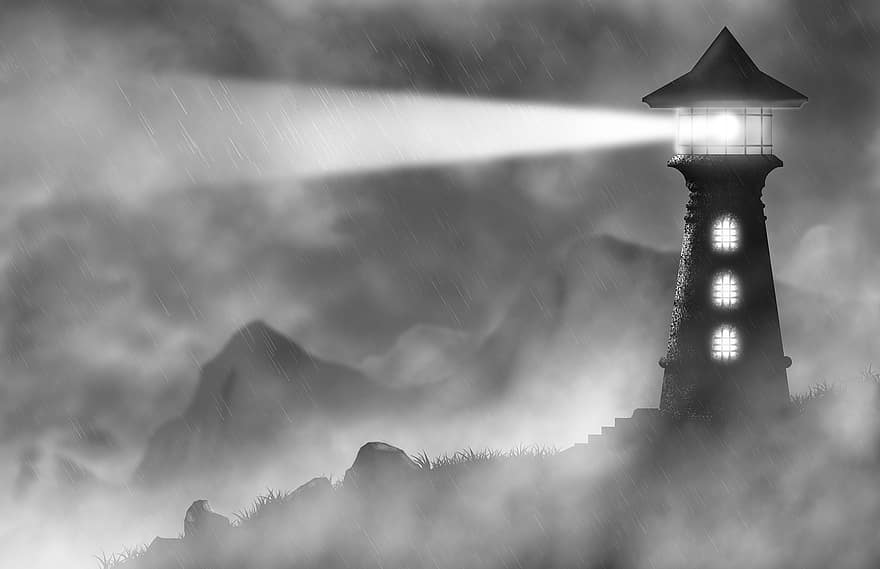 маяк, туман, атмосферний, цифрове мистецтво, чорний і білий, сіре мистецтво