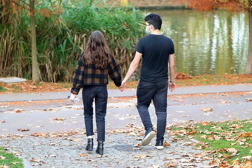 pár, mladý, romantický, dívčí, kluk, chůze, přirozeně, podzim, parka, jezero, stromy