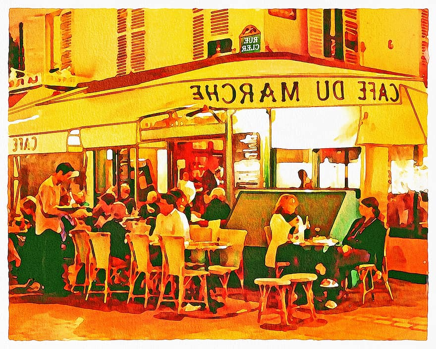 Aquarel Café, Parijs café, bistro, restaurant, Frankrijk, tafel, Europa, Frans, koffie, stad, trottoir