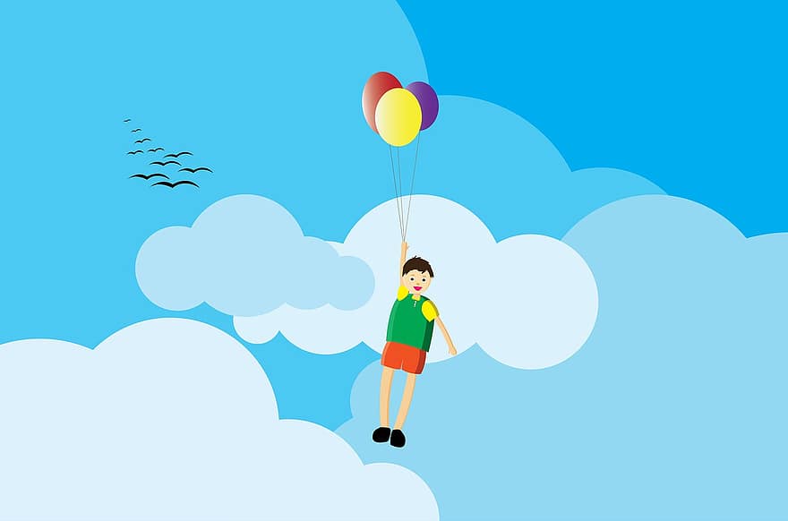 criança, balão, passarinhos, nuvens, céu, desenho animado