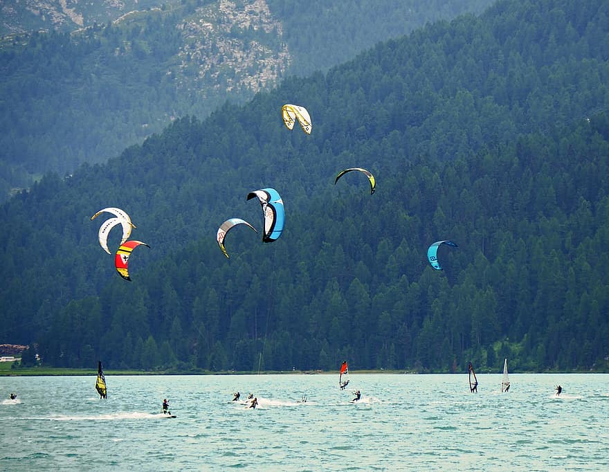 kite surfing, bergsee, alpin, segla, våg, blåsigt, sjö silvaplana, engadin, schweiz
