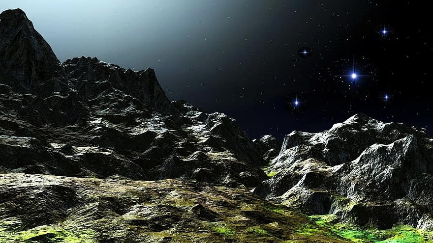 les montagnes, étoiles, nuit, parois rocheuses, oeuvre numérique, infographie