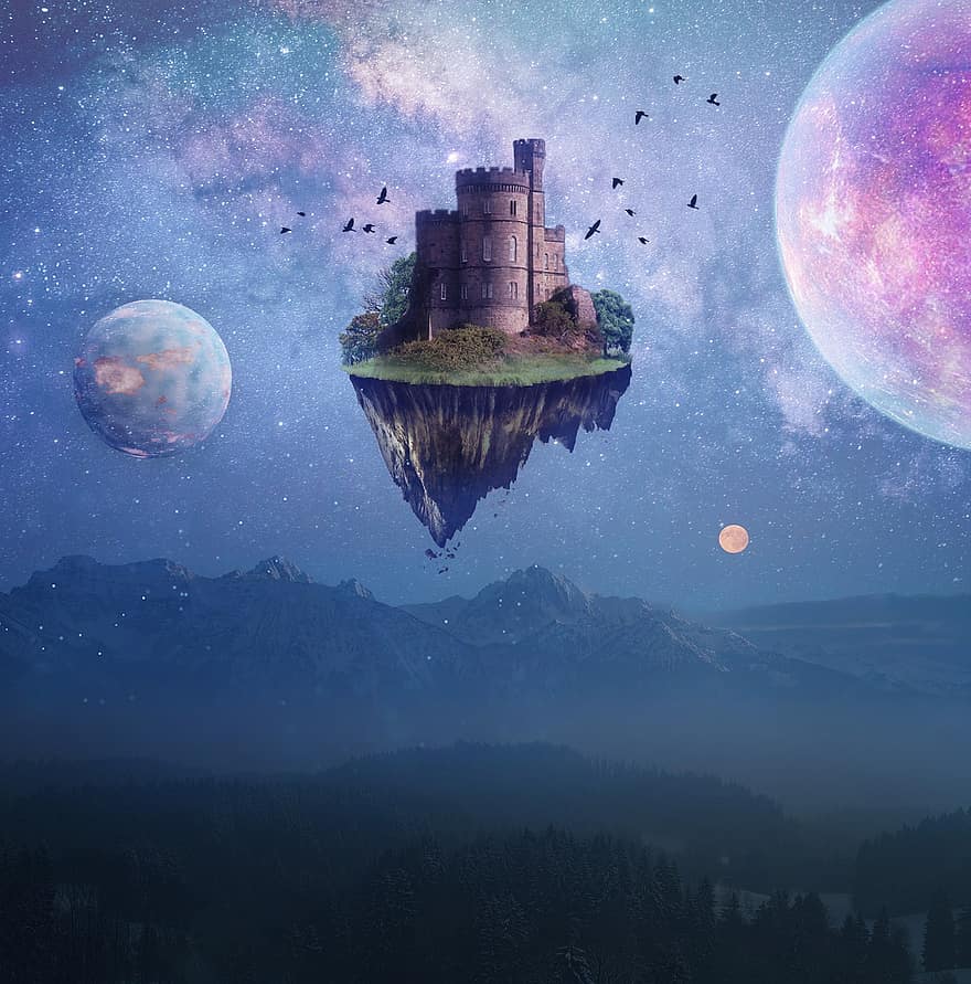 Fantazja, zamek, fantastyczny, latająca wyspa, latający zamek, historia, magicznie, góry, noc, dolina, księżyc