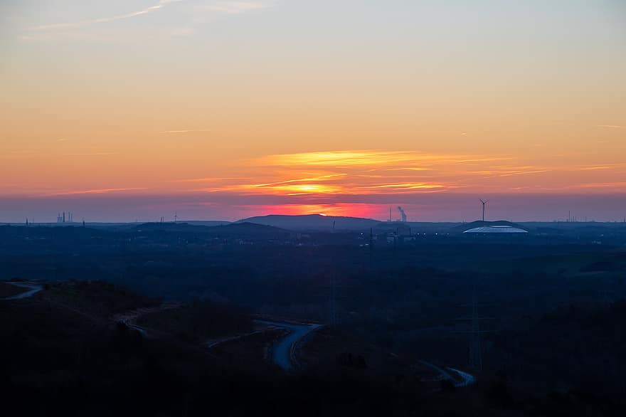 solnedgang, Tyskland, horisont, landskab, Recklinghausen, ruhr område