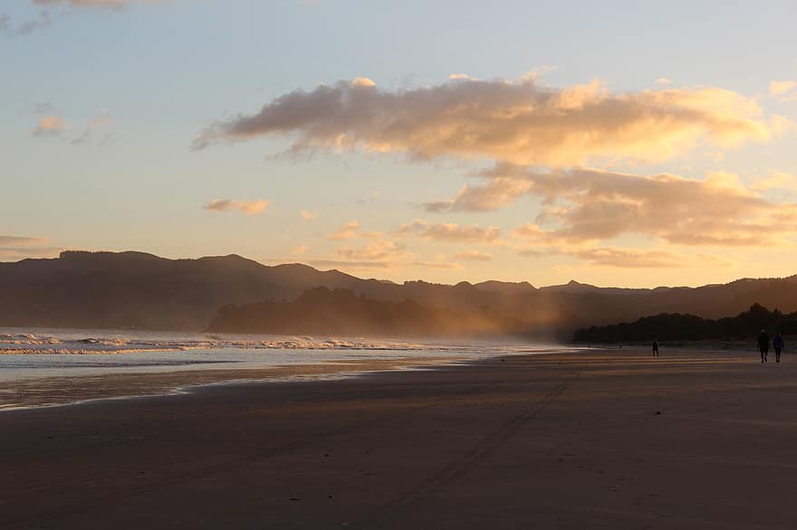 spiaggia, sabbia, tramonto, Alba, costa, riva, riva del mare, montagne, catena montuosa, paesaggio, scenario