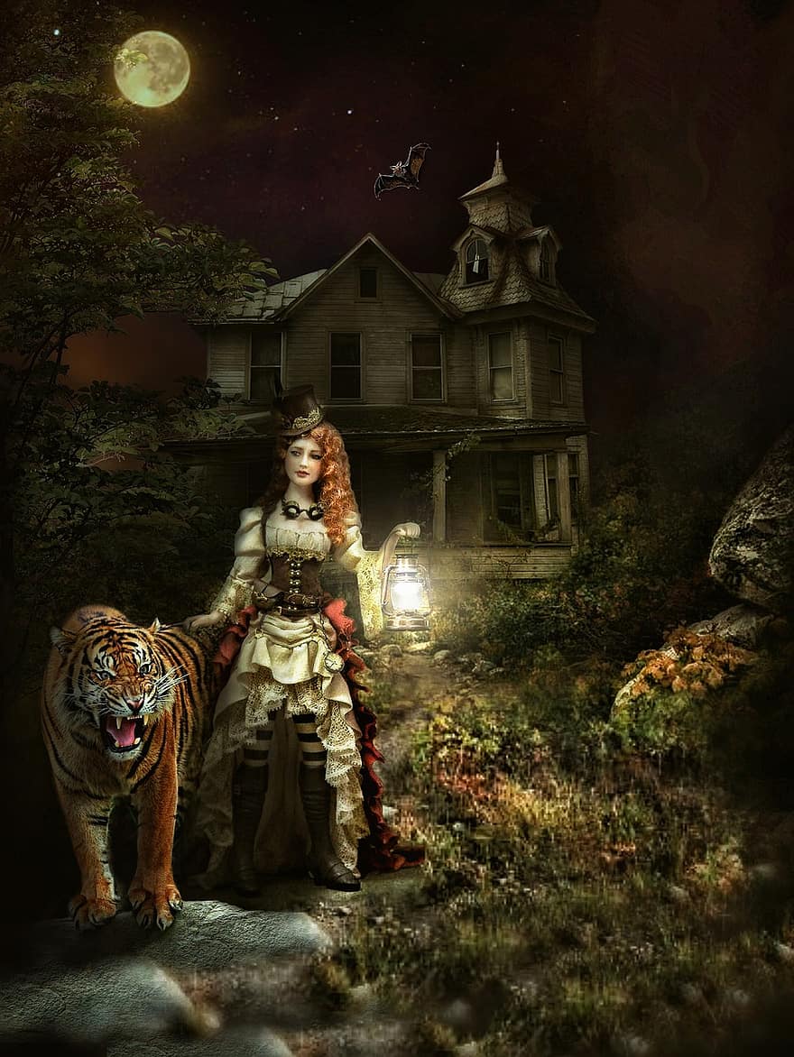 Girl, Tiger, Lamp, Forest, Cabin, Hut, Mystery, Standing, Stare, Shock, Brave