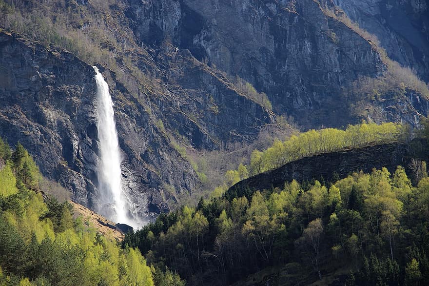 bergen, waterval, cascade, stroom, Noorwegen, fjorden, nordic, toneel-, buitenshuis, bomen, heuvels