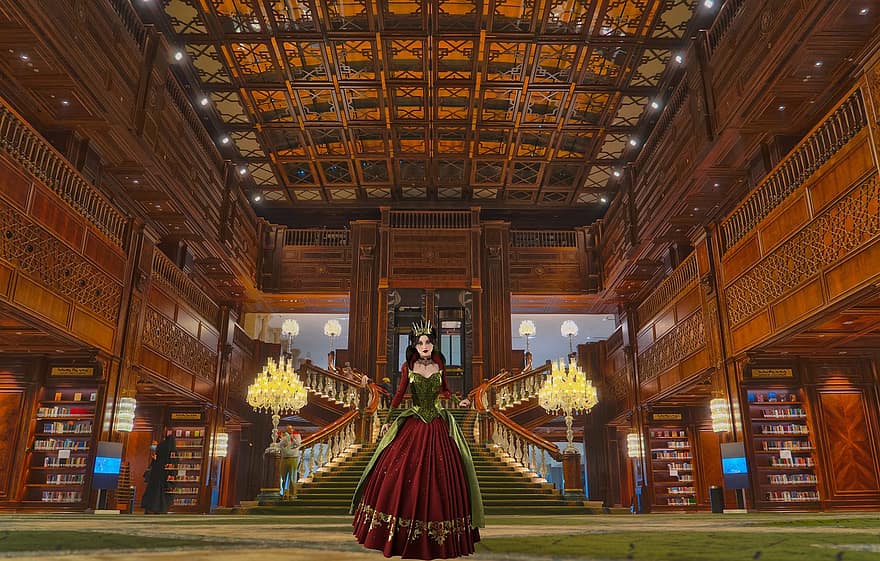koningin, geweldige kamer, bibliotheek, boeken, kroonluchters, fantasie, binnenshuis, culturen, boekenplank, vrouw, mannen