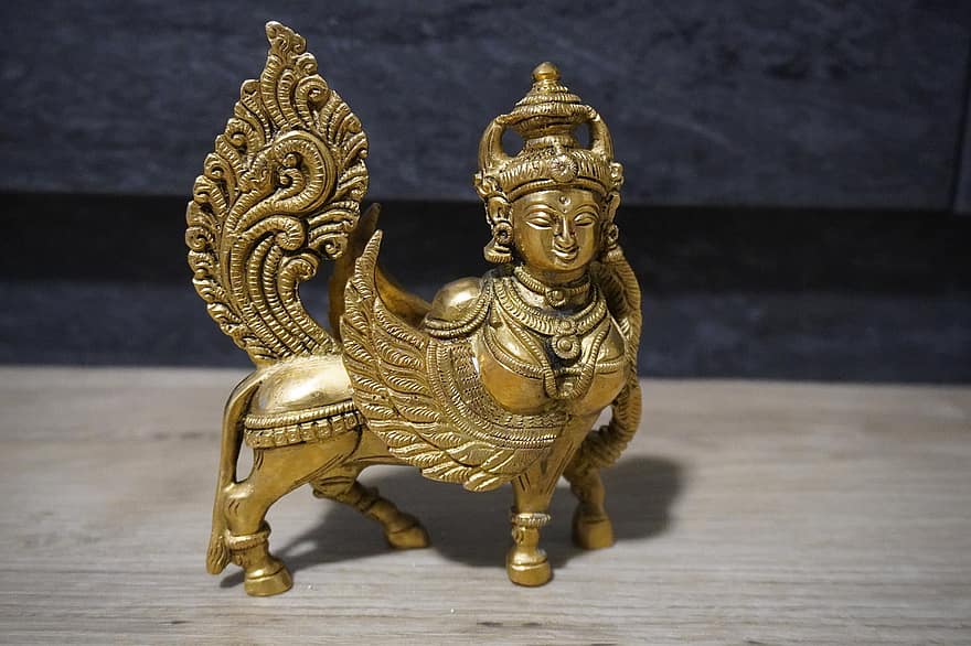 Kamdhenu, vaca, deus hindu, Deus, arte, decoração, religião, estátua, culturas, escultura, madeira