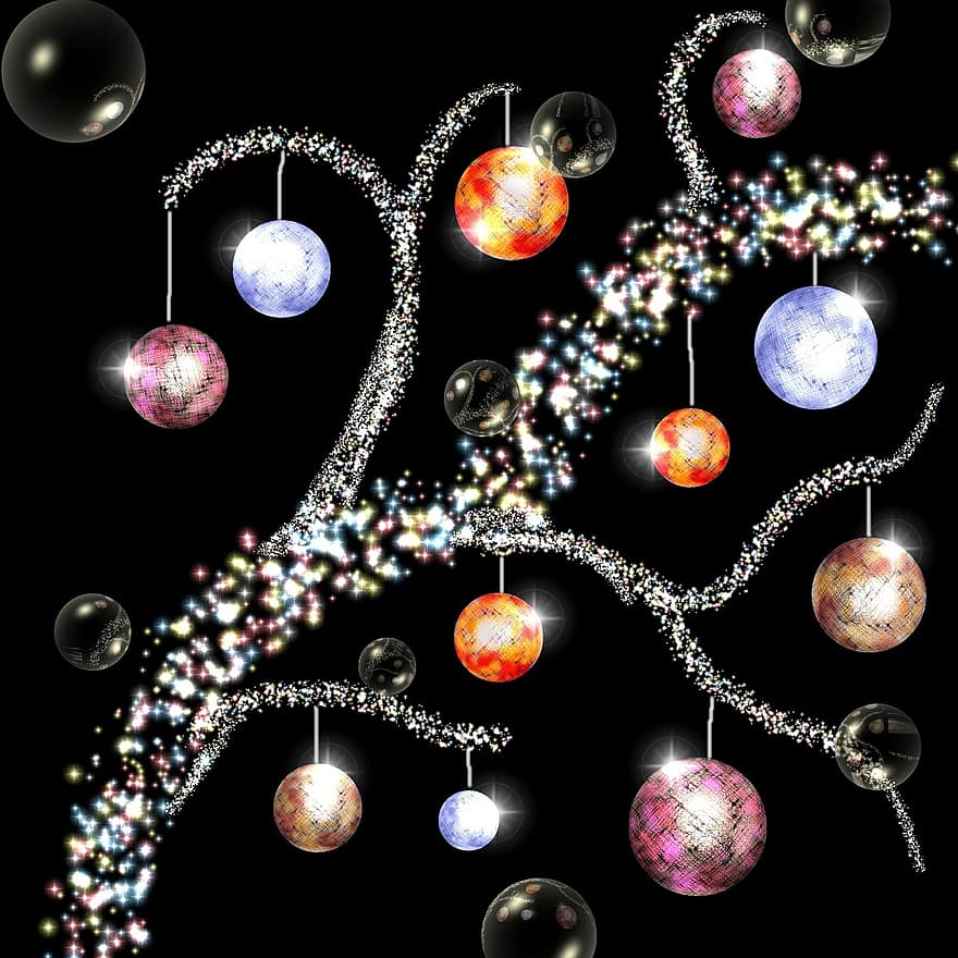 Glaskugeln, arbre, décor, des balles, branches, Arbre Sphère, lumières de Noël, scintillait, brillant