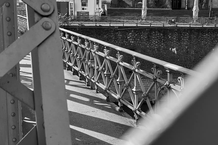 Rheinauhafen, híd, építészet, fém, acél-, fekete és fehér, Vas, korlát, kerítés, víz, közelkép