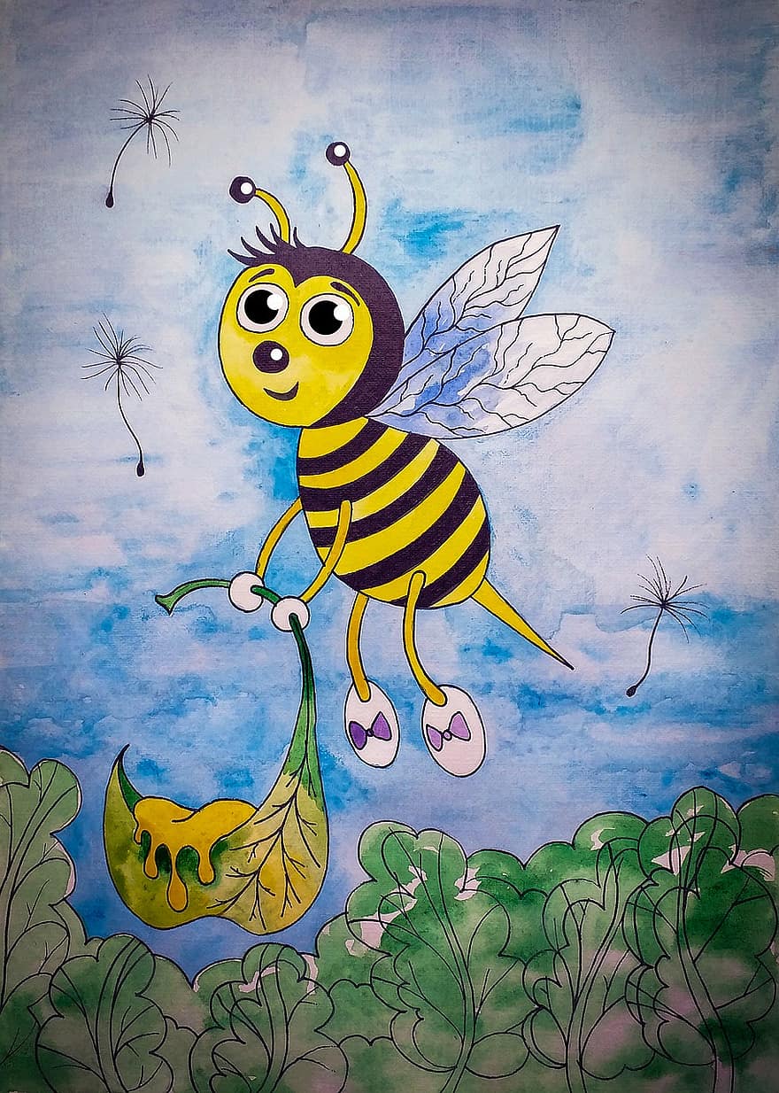 abeille, jardin, aquarelle, insecte, mon chéri, travail, périple