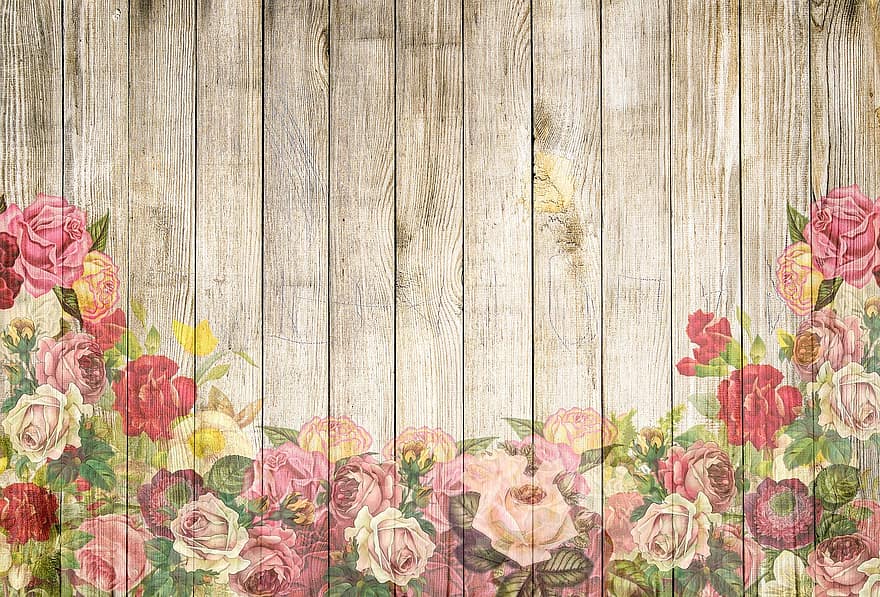Roses, Wooden Wall, Background, Romantic, Playful, Vintage, Country House, Colorful, Fresh