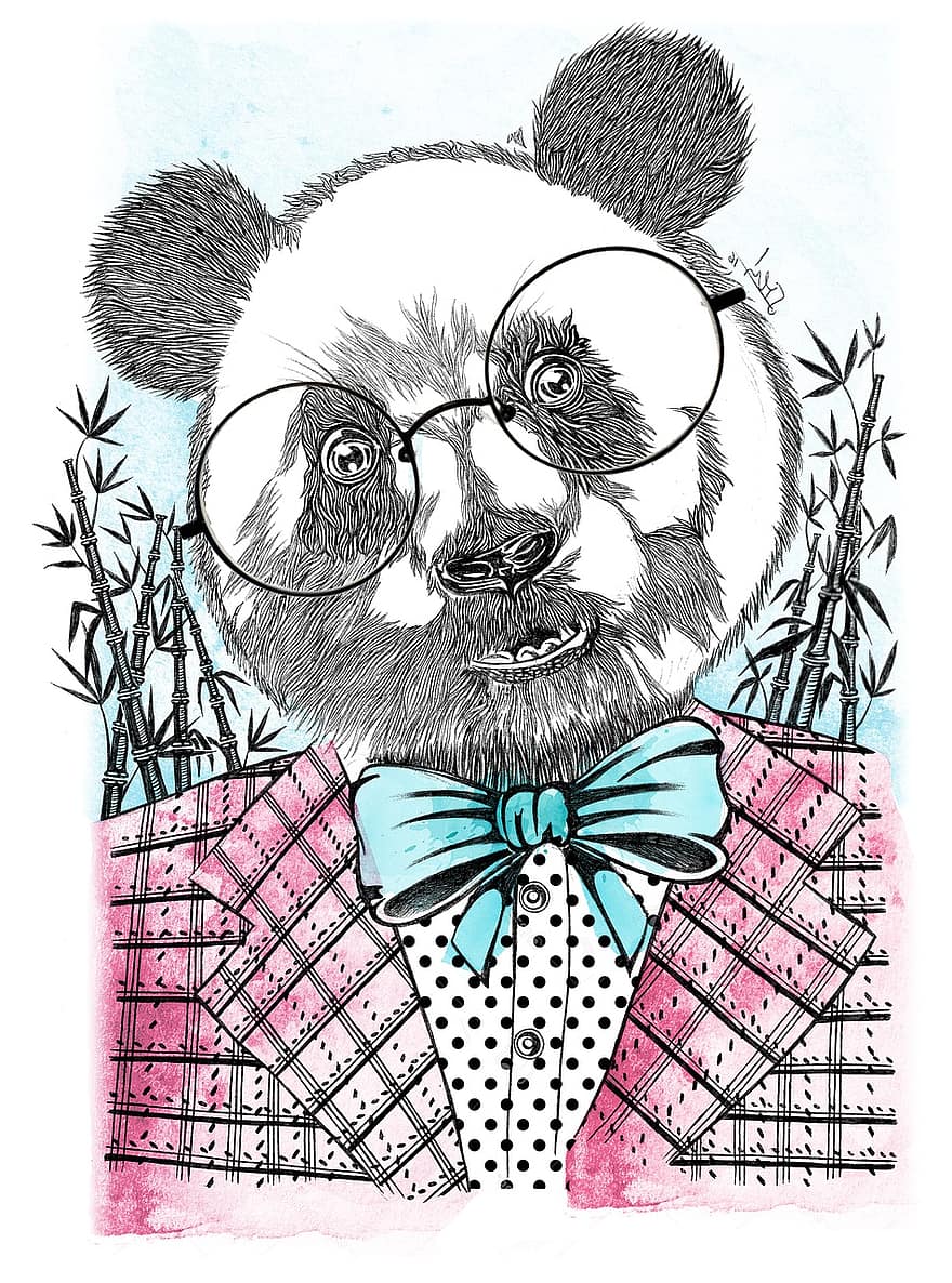 panda, traje, retrato, lentes, corbata de moño, oso, animal, fauna silvestre, bosquejo