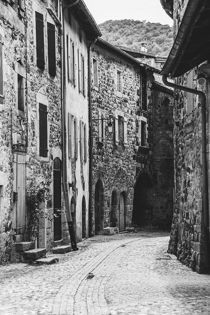 Stadt, Dorf, Gasse, Häuser, Straße, Ardèche, Landschaft, einfarbig, Fassade