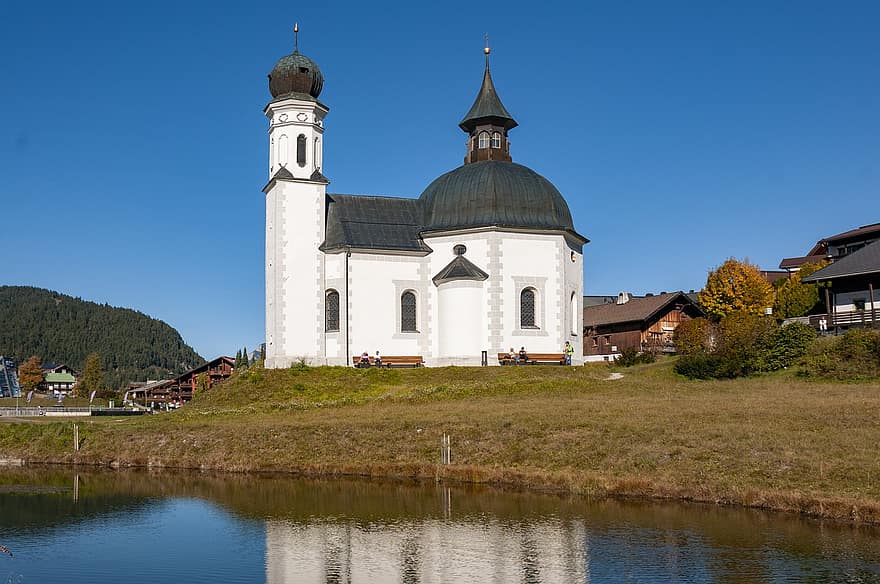 Iglesia, religión, pueblo, lago, montañas, Alpes, Tirol, Austria, naturaleza