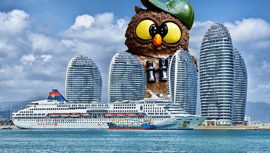 turist, ugle, kæmpe stor, sjov, krydstogtskib, skib, Hainan, skyline, ocean liners, himmel, skyer