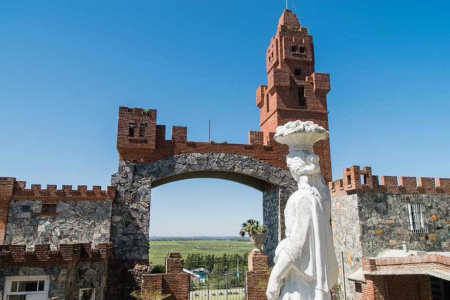 zamek, statua, wieża, wejście, Pittamiglio, Urugwaj, historyczny, budynek, rzeźba, architektura, na dworze