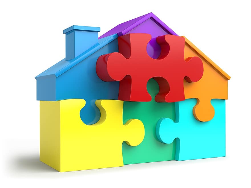 potongan puzzle, Bentuk Rumah, perumahan, gergaji ukir, membingungkan, larutan, terpencil, rumah, hipotek, ikon, ide