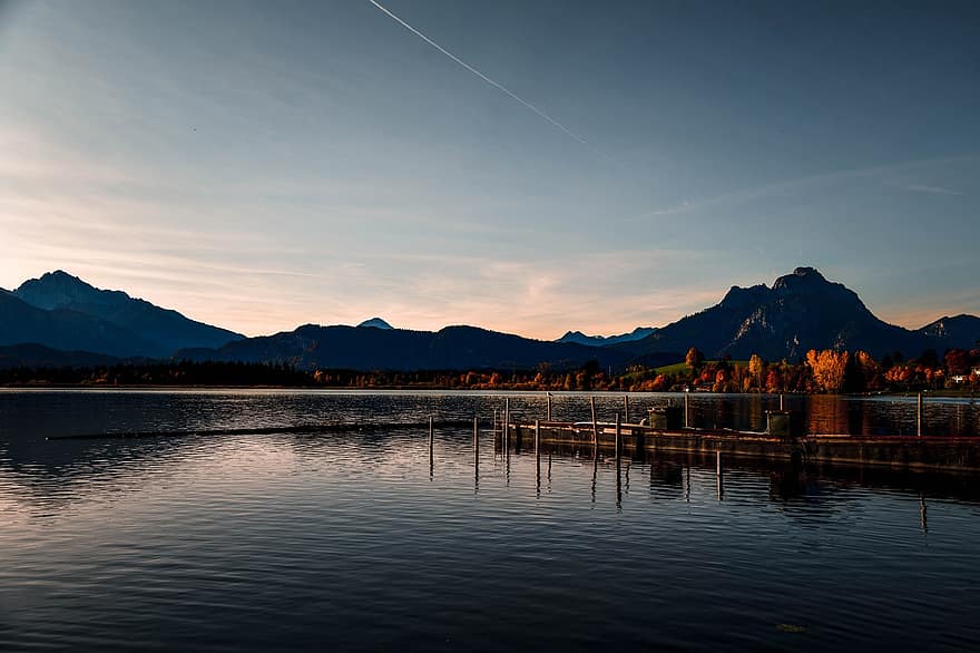 Lake, Mountains, Dock, Jetty, Pier, Reflection, Valley, Dusk, Evening, Alps, Alpine