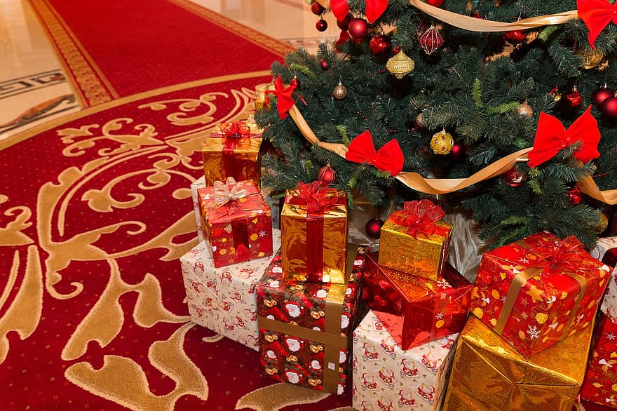 karácsonyfa, belsőépítészet, előcsarnok, szállodai előtér, dekoráció, party, ünneplés
