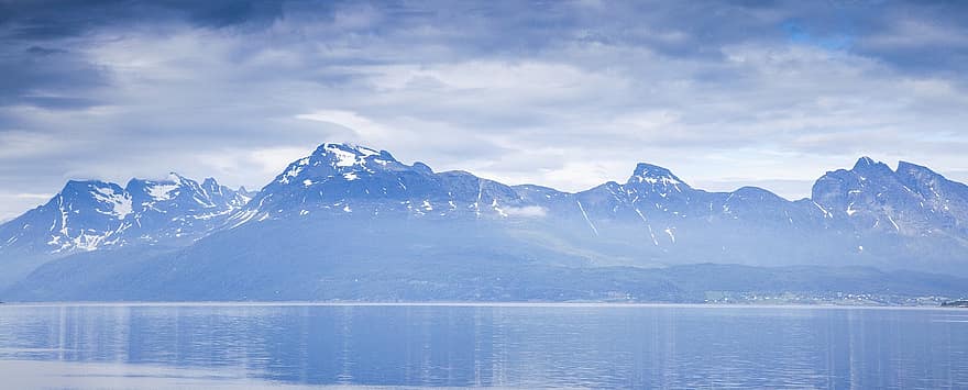 montañas, lago, calina, cielo, nube, agua, Noruega