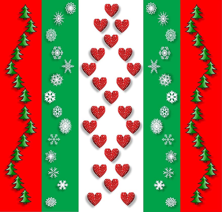 Noel, Kar taneleri, Noel ağaçları, kalpler, 3 boyutlu, afiş, kırmızı, yeşil, beyaz, kış, tatil