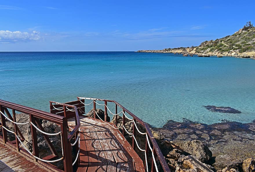 mar, natureza, viagem, exploração, oceano, ao ar livre, Chipre, Konnos Bay, molhe, doca, cais