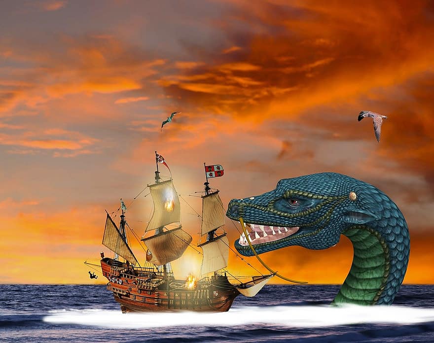 Fantasy, Science Fiction, Sea Monster, Sailboat, Attack, Mystery, Mystical, Legend, Sky, Sea, Ocean
