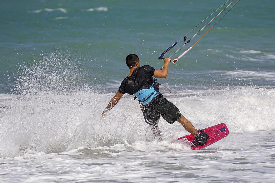 Man, Board, Parachute, Ocean, Wave, Water Sports, Sea, Kite Surfing, Kite Boarding, Wind, Beach